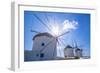 View of windmills, Mykonos Town, Mykonos, Cyclades Islands, Greek Islands, Aegean Sea, Greece-Frank Fell-Framed Photographic Print