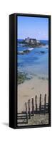 View of Wooden Posts on the Beach with a Fort in the Background, St-Malo, Brittany, France-null-Framed Stretched Canvas