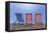 View of Worthing Pier and colourful deckchairs on Worthing Beach, Worthing, West Sussex, England-Frank Fell-Framed Stretched Canvas