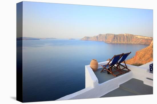 View on Caldera and Sea from Balcony, Santorini, Greece-Netfalls-Stretched Canvas