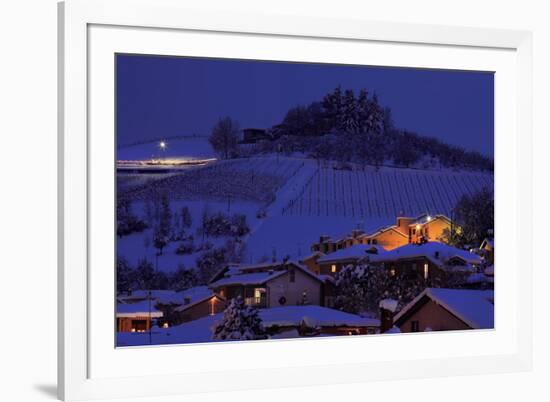 View on Snowy Hill with Houses at Evening in Town of Alba in Piedmont, Northern Italy.-rglinsky-Framed Photographic Print