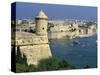 View over Bastions and Grand Harbour to Fort St. Angelo with Rowing Regatta, Valletta, Malta, Medit-Stuart Black-Stretched Canvas