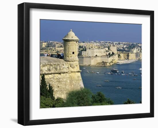 View over Bastions and Grand Harbour to Fort St. Angelo with Rowing Regatta, Valletta, Malta, Medit-Stuart Black-Framed Photographic Print