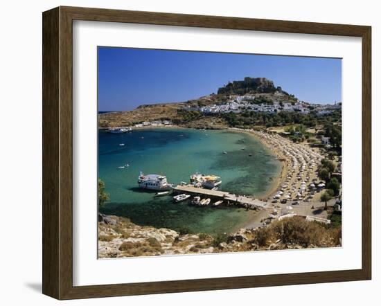 View over Beach and Castle, Lindos, Rhodes Island, Dodecanese Islands, Greek Islands, Greece-Stuart Black-Framed Photographic Print