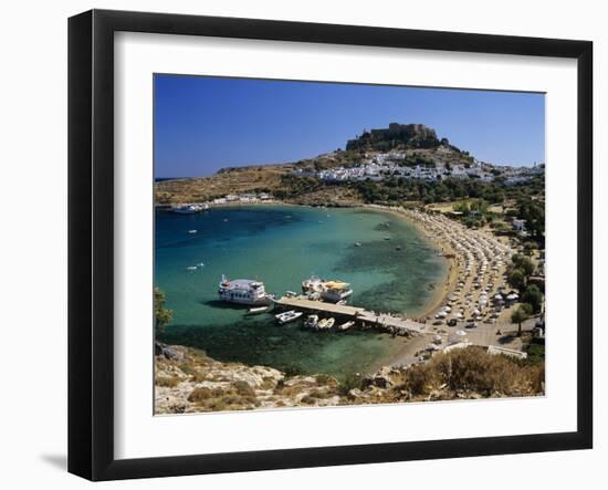 View over Beach and Castle, Lindos, Rhodes Island, Dodecanese Islands, Greek Islands, Greece-Stuart Black-Framed Photographic Print