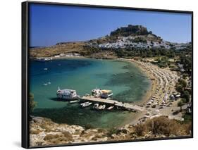 View over Beach and Castle, Lindos, Rhodes Island, Dodecanese Islands, Greek Islands, Greece-Stuart Black-Framed Photographic Print