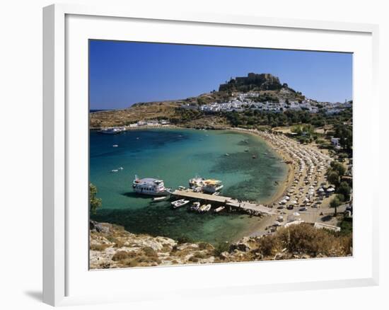 View over Beach and Castle, Lindos, Rhodes Island, Dodecanese Islands, Greek Islands, Greece-Stuart Black-Framed Photographic Print