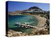 View over Beach and Castle, Lindos, Rhodes Island, Dodecanese Islands, Greek Islands, Greece-Stuart Black-Stretched Canvas