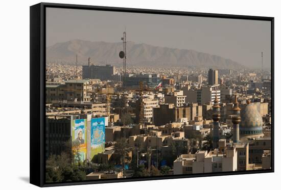 View over buildings from city centre towards Alborz Mountains, Tehran, Iran, Middle East-James Strachan-Framed Stretched Canvas