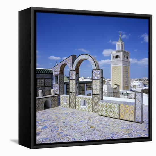 View over City and Great Mosque from Tiled Roof Top, Tunis, Tunisia, North Africa, Africa-Stuart Black-Framed Stretched Canvas