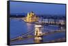 View over Danube River to Chain Bridge and Parliament, UNESCO World Heritage Site, Budapest, Hungar-Markus Lange-Framed Stretched Canvas