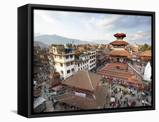 View over Durbar Square from Rooftop Cafe Showing Temples and Busy Streets, Kathmandu, Nepal, Asia-Lee Frost-Framed Stretched Canvas