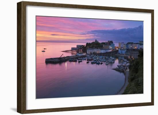 View over Harbour and Castle at Dawn, Tenby, Carmarthen Bay, Pembrokeshire, Wales, UK-Stuart Black-Framed Photographic Print