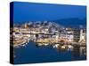 View over Harbour and Restaurants at Dusk, Ayios Nikolaos, Lasithi Region, Crete, Greek Islands, Gr-Stuart Black-Stretched Canvas