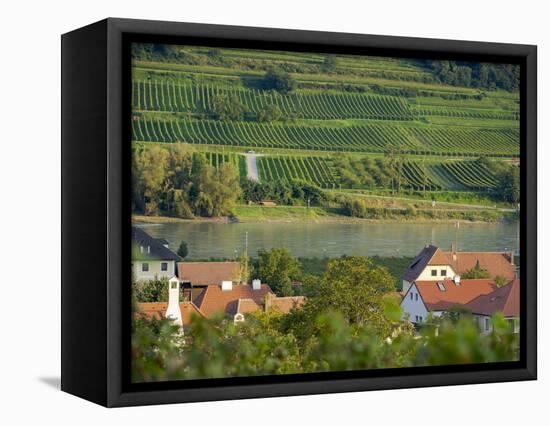 View over historic village Spitz towards the vineyards near Hofarnsdorf-Martin Zwick-Framed Stretched Canvas