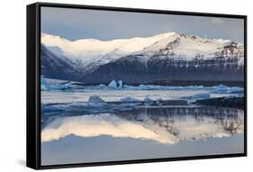 View over Jokulsarlon Glacial Lagoon Towards Snow-Capped Mountains and Icebergs-Lee Frost-Framed Stretched Canvas