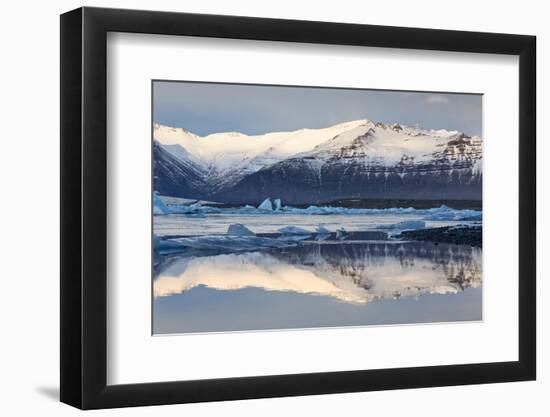 View over Jokulsarlon Glacial Lagoon Towards Snow-Capped Mountains and Icebergs-Lee Frost-Framed Photographic Print