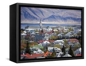 View Over Reykjavik With Mountains Looming in the Distance, Reykjavik, Iceland, Polar Regions-Lee Frost-Framed Stretched Canvas