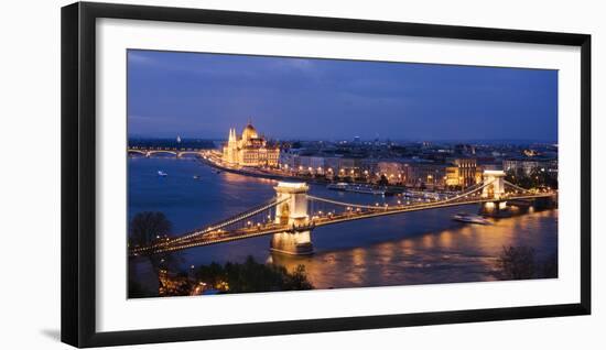 View over River Danube, Chain Bridge and Hungarian Parliament Building at Night-Ben Pipe-Framed Photographic Print