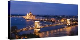 View over River Danube, Chain Bridge and Hungarian Parliament Building at Night-Ben Pipe-Stretched Canvas