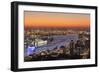 View over St. Pauli district and St. Pauli Landungsbruecken pier over the harbour at sunset, Hambur-Markus Lange-Framed Photographic Print