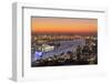 View over St. Pauli district and St. Pauli Landungsbruecken pier over the harbour at sunset, Hambur-Markus Lange-Framed Photographic Print