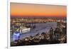 View over St. Pauli district and St. Pauli Landungsbruecken pier over the harbour at sunset, Hambur-Markus Lange-Framed Photographic Print