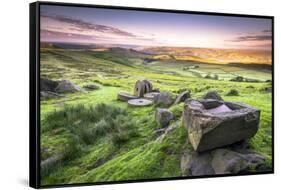 View over Stanage Edge Millstones at Sunrise, Peak District National Park, Derbyshire-Andrew Sproule-Framed Stretched Canvas