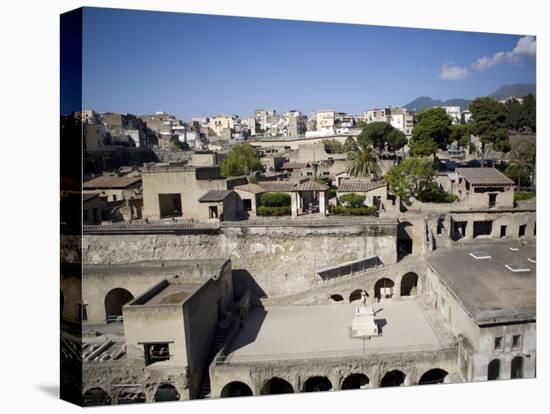 View over the Ecolano Excavations with Mount Vesuvius in the Background, Herculaneum, Campania-Oliviero Olivieri-Stretched Canvas