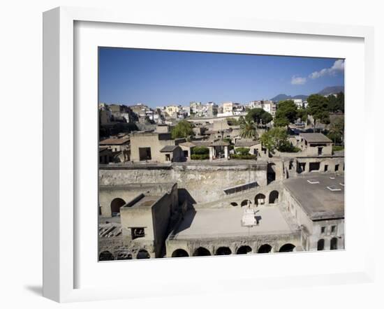 View over the Ecolano Excavations with Mount Vesuvius in the Background, Herculaneum, Campania-Oliviero Olivieri-Framed Photographic Print