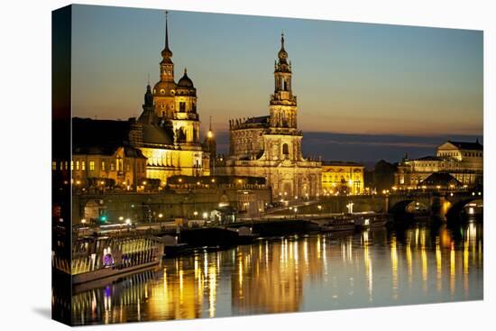 View over the Elbe on the Illuminated Dresden with City Palace-Uwe Steffens-Stretched Canvas