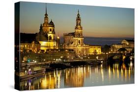 View over the Elbe on the Illuminated Dresden with City Palace-Uwe Steffens-Stretched Canvas