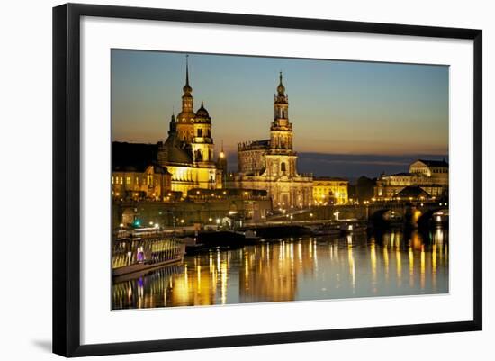 View over the Elbe on the Illuminated Dresden with City Palace-Uwe Steffens-Framed Photographic Print