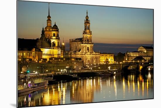 View over the Elbe on the Illuminated Dresden with City Palace-Uwe Steffens-Mounted Photographic Print