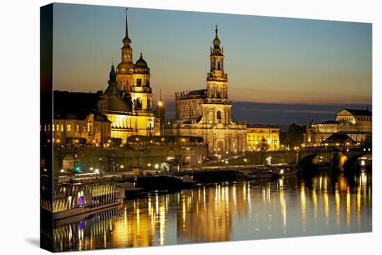 View over the Elbe on the Illuminated Dresden with City Palace-Uwe Steffens-Stretched Canvas