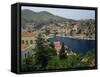 View over the Harbour and Town of Yialos on the Coast, Symi, Dodecanese Islands, Greece-Fraser Hall-Framed Stretched Canvas