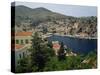 View over the Harbour and Town of Yialos on the Coast, Symi, Dodecanese Islands, Greece-Fraser Hall-Stretched Canvas
