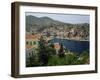 View over the Harbour and Town of Yialos on the Coast, Symi, Dodecanese Islands, Greece-Fraser Hall-Framed Photographic Print