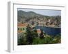 View over the Harbour and Town of Yialos on the Coast, Symi, Dodecanese Islands, Greece-Fraser Hall-Framed Photographic Print