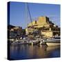 View over the Marina to Citadel and Haute Ville, Bonifacio, South Coast, Corsica, France, Mediterra-Stuart Black-Stretched Canvas