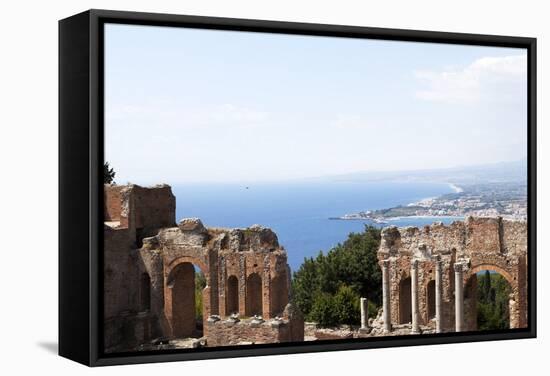 View over the Naxos Coast from the Greek Roman Theatre of Taormina, Sicily, Italy, Europe-Oliviero Olivieri-Framed Stretched Canvas