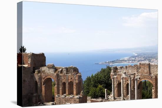 View over the Naxos Coast from the Greek Roman Theatre of Taormina, Sicily, Italy, Europe-Oliviero Olivieri-Stretched Canvas