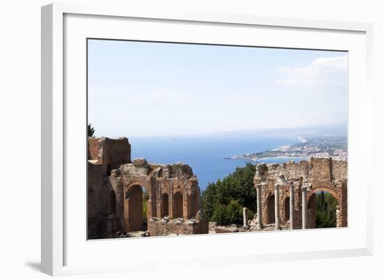 View over the Naxos Coast from the Greek Roman Theatre of Taormina, Sicily, Italy, Europe-Oliviero Olivieri-Framed Photographic Print