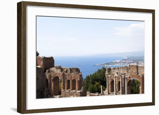 View over the Naxos Coast from the Greek Roman Theatre of Taormina, Sicily, Italy, Europe-Oliviero Olivieri-Framed Photographic Print