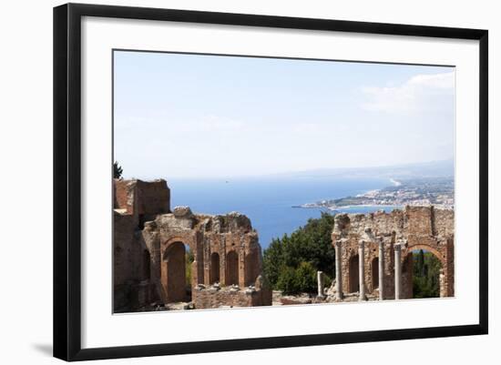 View over the Naxos Coast from the Greek Roman Theatre of Taormina, Sicily, Italy, Europe-Oliviero Olivieri-Framed Photographic Print