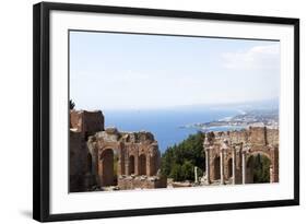 View over the Naxos Coast from the Greek Roman Theatre of Taormina, Sicily, Italy, Europe-Oliviero Olivieri-Framed Photographic Print