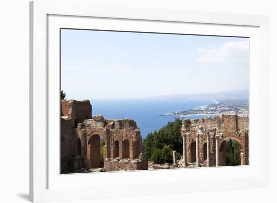 View over the Naxos Coast from the Greek Roman Theatre of Taormina, Sicily, Italy, Europe-Oliviero Olivieri-Framed Photographic Print