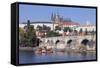 View over the River Vltava with Excursion Boat to Charles Bridge and the Castle District-Markus-Framed Stretched Canvas