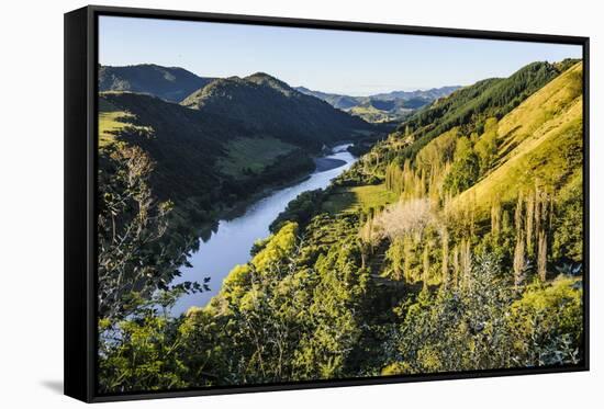 View over the Whanganui River in the Lush Green Countryside-Michael-Framed Stretched Canvas