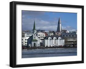 View Over Tjornin (Pond) to Church and Cathedral, Reykjavik, Iceland, Polar Regions-null-Framed Photographic Print